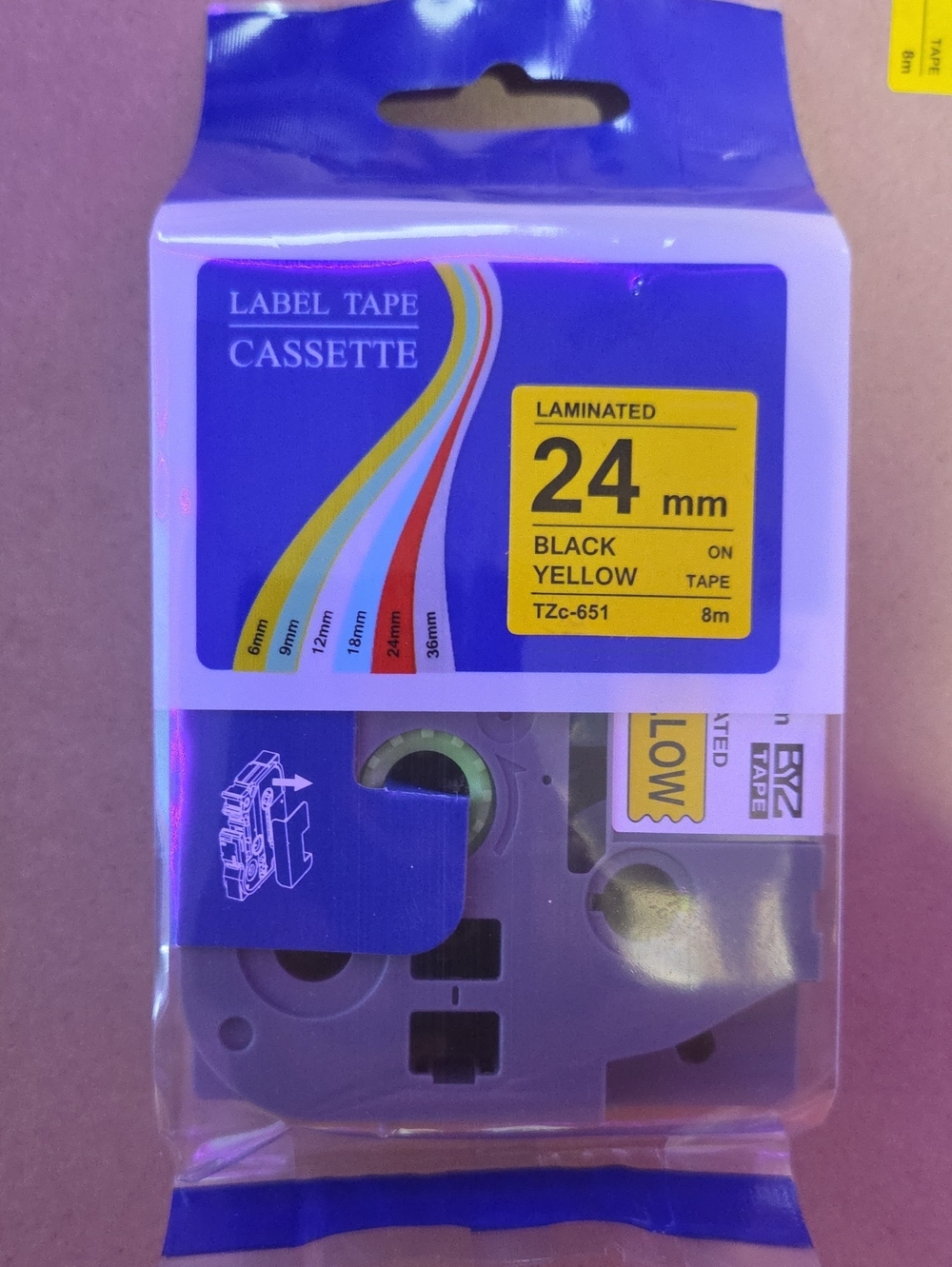 Laminated Label Tape Cassette 24mm Black on Yellow